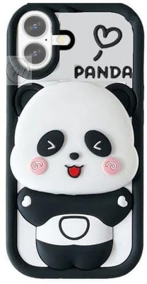 AMEYAA Back Cover for Apple iPhone 16 Plus Cute Panda with Mirror & Stand Case Soft Silicone 3D Cartoon & Holder(Black, Shock Proof, Silicon, Pack of: 1)