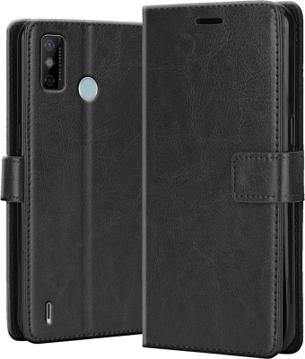 Crickle Back Cover for Tecno Spark Go 2020 - Inbuilt Stand & Card Pockets | Hand Stitched | Wallet Flip Case(Black)