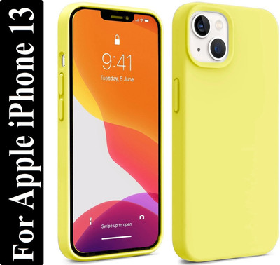 Coverskart Liquid Silicone Back Cover for Apple iPhone 13, Logo Embossed Shock Proof Microfiber Case(Yellow, Camera Bump Protector, Silicon, Pack of: 1)