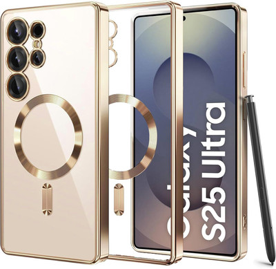 VONZEE Back Cover for Samsung Galaxy S25 Ultra, Magsafe Compatible Built-in Camera Lens Electroplated Case(Gold, Transparent, Electroplated, Silicon, Pack of: 1)