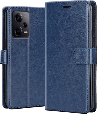 Crickle Back Cover for Redmi Note 12 Pro 5G - Inbuilt Stand & Card Pockets | Hand Stitched | Wallet Flip Case(Blue, Dual Protection, Pack of: 1)