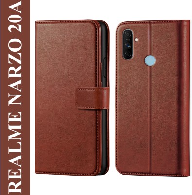 Innovex Back Cover for Realme Narzo 20A - Inbuilt Stand & Card Pockets | Hand Stitched | Wallet Flip Case(Brown, Pack of: 1)