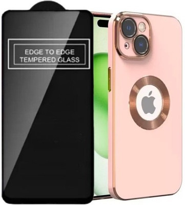 A3sprime Edge To Edge Tempered Glass for APPLE iPhone 15 Plus, with Soft Silicon Golden Side Colored Back Cover, (Color - Pink)(Pack of 2)