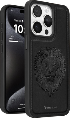 Vaku Luxos Back Cover for iPhone 15 Pro Max, Lion Embossed Leather Stitched Phone Case Camera Screen Protector(Black, Shock Proof, Pack of: 1)