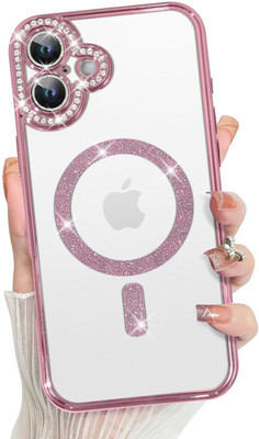 AMEYAA Back Cover for Apple iPhone 16 Plus Magsafe Glitter Diamond Camera Protector,Luxury Plated(Pink, Shock Proof, Pack of: 1)