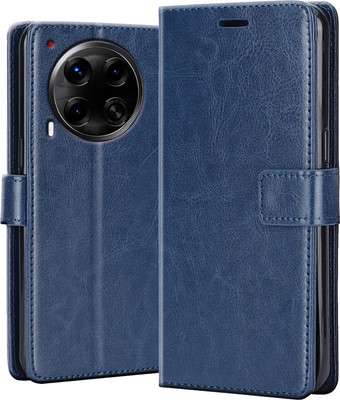 Crickle Back Cover for Tecno Camon 30 5G - Inbuilt Stand & Card Pockets | Hand Stitched | Wallet Flip Case(Blue, Dual Protection, Pack of: 1)