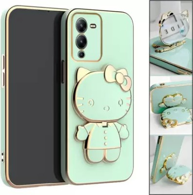 Dallao Back Cover for Vivo V25 Pro 3D Kitty with Folding Mirror Stand Slim electroplated case Soft TPU(Green, Shock Proof, Silicon, Pack of: 1)