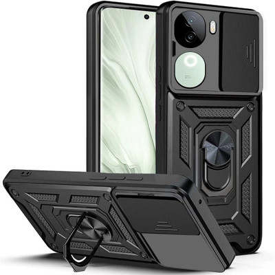 KIVANO LUXE Back Cover for Vivo V40E 5G / iQOO Z9s 5G|D10 Tough Armor|Sliding Camera Shield|Ring Holder|Kickstand(Black, Rugged Armor, Pack of: 1)