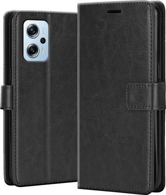 Driden Back Cover for Redmi K50I 5G - Inbuilt Stand & Card Pockets | Hand Stitched | Wallet Flip Case(Black, Camera Bump Protector, Pack of: 1)