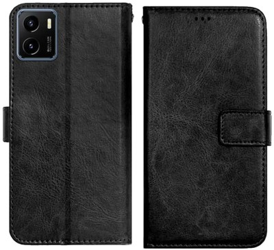 Loopee Flip Cover for Vivo Y15s, V2125 Premium Leather Finish, with Card Pockets, Wallet Stand(Black, Dual Protection, Pack of: 1)