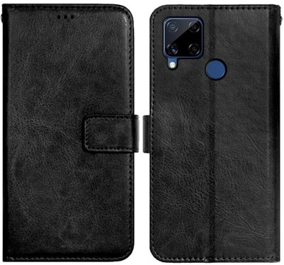 CASETREE Flip Cover for Realme C15, RMX2180 leather cover(Black, Grip Case, Pack of: 1)