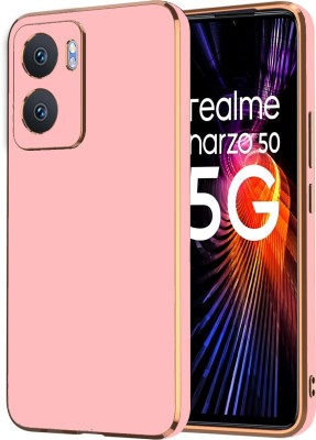 VAPRIF Back Cover for Realme Narzo 50 5G, Golden Line, Premium Soft Chrome Case | Silicon Gold Border(Pink, Shock Proof, Silicon, Pack of: 1)