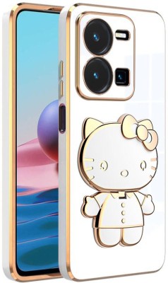 Dallao Back Cover for Vivo Y35 4G 3D Kitty with Folding Mirror Stand Slim electroplated case Soft TPU(White, Shock Proof, Silicon, Pack of: 1)
