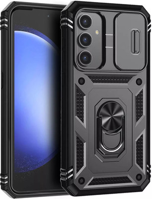 Solomon Back Cover for Samsung Galaxy S24 FE Heavy Duty Slide Camera Cover Built-in Rotated Ring Kickstand(Black, Rugged Armor, Pack of: 1)