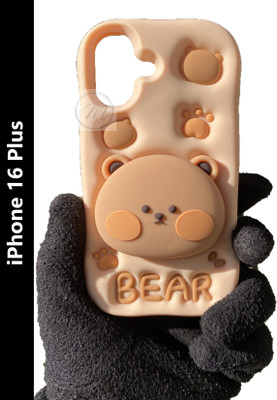 Midos Back Cover for iPhone 16 Plus, Soft Silicone 3D Cartoon With Holder Case For iPhone 16 Plus (Bear)(Brown, Flexible, Silicon, Pack of: 1)