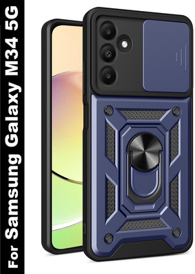 ShieldTech Back Cover for Samsung Galaxy M34 5G, Sliding Camera Shield & 360° Protection Ring Stand Mobile Phone Case(Blue, Ring Case, Pack of: 1)