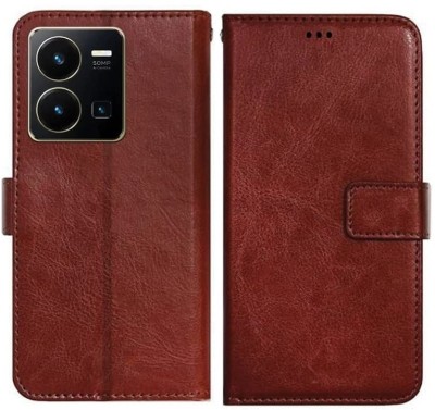 Cowboy Flip Cover for Vivo Y35, V2205 Premium Leather Finish, with Card Pockets(Brown, Dual Protection, Pack of: 1)