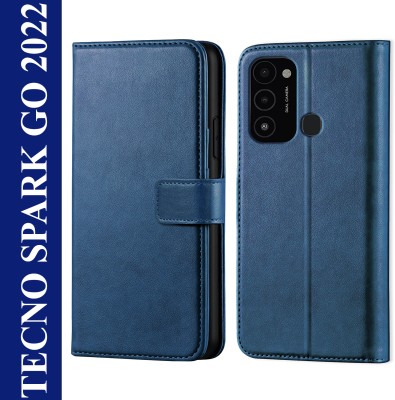 Innovex Back Cover for Tecno Spark Go 2022 - Inbuilt Stand & Card Pockets | Hand Stitched | Wallet Flip Case(Blue, Pack of: 1)