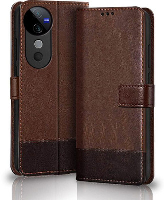 SESS XUSIVE Flip Cover for Vivo V40 / V40 Pro 5G -Dual-Color Leather Finish Wallet - Brown & Coffee(Blue, Dual Protection)