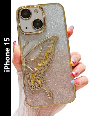 Midos Back Cover for iPhone 15 Glitter Cute Butterfly, Design Aesthetic Women Girls Cover For iPhone 15 (Gold)(Gold, Flexible, Pack of: 1)