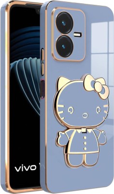 Dallao Back Cover for Vivo Y22, Vivo Y22S 3D Kitty with Folding Mirror Stand Slim electroplated case Soft TPU(Blue, Shock Proof, Silicon, Pack of: 1)