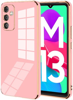 VAPRIF Back Cover for Samsung Galaxy M13, Golden Line, Premium Soft Chrome Case | Silicon Gold Border(Pink, Shock Proof, Silicon, Pack of: 1)