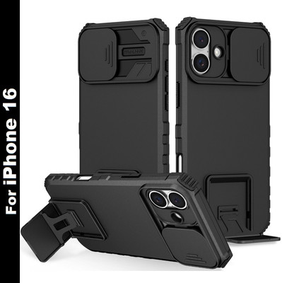 ShieldTech Back Cover for iPhone 16, Sliding Camera Shield & Stereoscopic Holder 360° Protection Mobile Phone Case(Black, Cases with Holder, Pack of: 1)