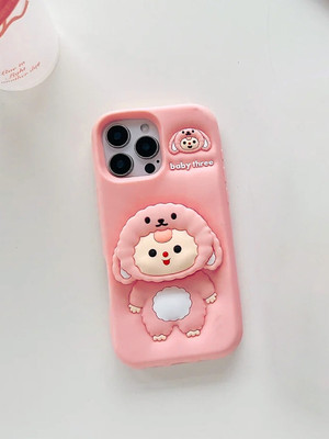 RS INTERNATIONAL Bumper Case for iPhone 13 14 15 Pro Cartoon Baby Holder Soft Silicone iPhone Back Cover(Pink, Flexible, Silicon, Pack of: 1)