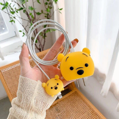 RUPELIK 20W/18W iPhone USB-C Power Adapter Charger Case Cover Cartoon 3D Design (Pooh) Cable Protector(Yellow)