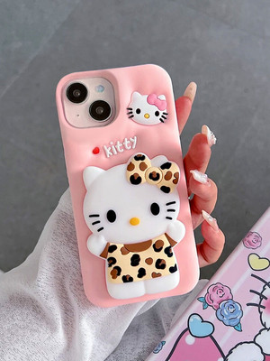 Rati International Back Cover for Leopard Print Cat Holder Silicone Phone Case iPhone 14 3D Cartoon Hello Kitty Cat(Pink, Camera Bump Protector, Silicon, Pack of: 1)