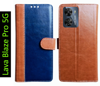 Toklot Flip Cover for Lava Blaze Pro 5G(Brown, Blue, Pack of: 1)