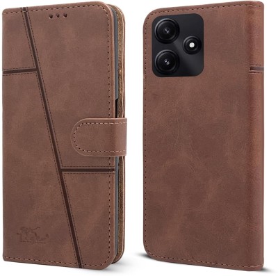 NIMMIKA ENTERPRISES Flip Cover for Poco M6 Pro 5G(Premium Leather Material | 360-degree protection | Card Slots and Pockets)(Brown, Dual Protection, Pack of: 1)