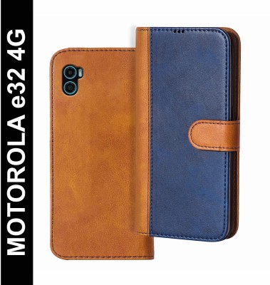 Knotyy Flip Cover for Moto E32, MOTOROLA e32, Motorola Moto E32(Blue, Brown, Dual Protection, Pack of: 1)