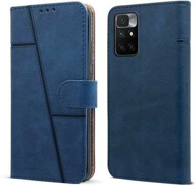 NIMMIKA ENTERPRISES Flip Cover for Mi Redmi 10 Prime(Premium Leather Material | 360-degree protection | Kickstand Feature)(Blue, Dual Protection, Pack of: 1)