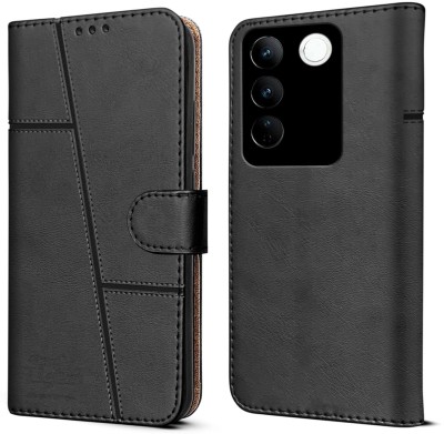 sadgatih Flip Cover for Vivo V27 | Vivo V27 Pro (Stitched Leather Finish | Magnetic Closure | Inner TPU | Foldable(Brown, Dual Protection, Pack of: 1)