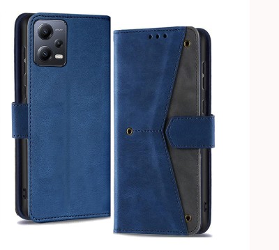 NKARTA Flip Cover for Redmi Note 12 Pro 5G Splicing Leather Wallet case - Blue Grey(Blue, Magnetic Case, Pack of: 1)