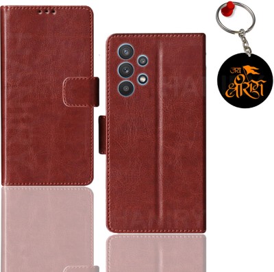 HANIRY Flip Cover for Samsung M32 5G flip case | SM-M326B flip cover | Free Jai Shree Ram Keychain | Brown(Brown, Magnetic Case, Pack of: 1)