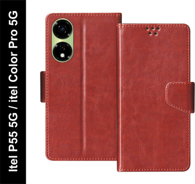 SBMS Flip Cover for itel Color Pro 5G / itel P55 5G Back Cover Case with Magnatic Closure(Brown, Shock Proof, Pack of: 1)