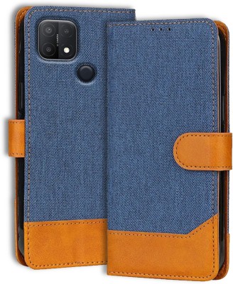 Genron Flip Cover for Oppo A15S | Denim & Vegan PU Leather | Built In Stand & Pocket | Magnetic Closure(Blue, Cases with Holder, Pack of: 1)