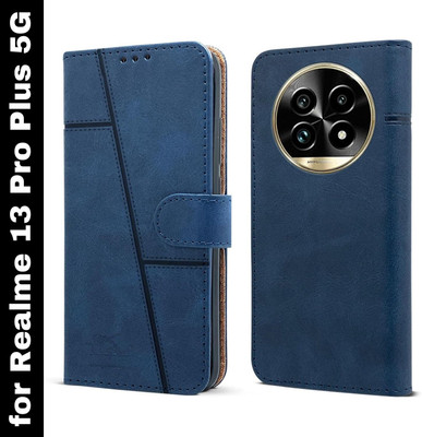 MobieGenie Flip Cover for Realme 13 Pro Plus 5G (Premium Leather Material | Card Slots and Pockets)(Blue, Dual Protection, Pack of: 1)