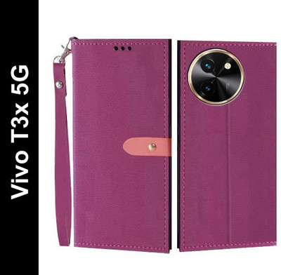 Krofty Flip Cover for Vivo T3x 5G(Pink, Cases with Holder, Pack of: 1)