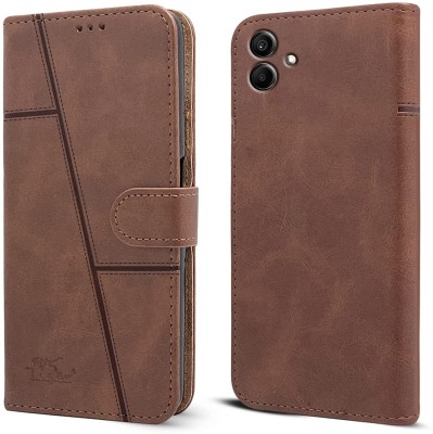 SnapStar Flip Cover for Samsung Galaxy A04e(Premium Leather Material | Built-in Stand | Card Slots and Wallet)(Brown, Dual Protection, Pack of: 1)