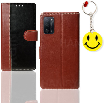 HANIRY Flip Cover for OPPO A53S 5G foloding cover | CPH2321 foloding cover | Free Smiley Keychain | Black, Brown(Brown, Magnetic Case, Pack of: 1)