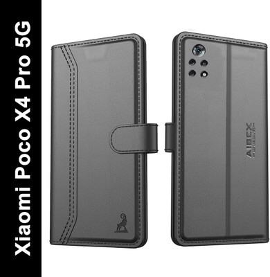 AIBEX Flip Cover for Poco X4 Pro 5G|Premium Leather Finish | Magnetic Closure | Kickstand Feature | Shockproof(Black, Magnetic Case, Pack of: 1)