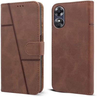 SnapStar Flip Cover for Oppo A17(Premium Leather Material | Built-in Stand | Card Slots and Wallet)(Brown, Dual Protection, Pack of: 1)
