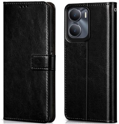 AKSP Flip Cover for Vivo Y16 Genuine Leather Finish & Designer Button(Black, Dual Protection, Pack of: 1)