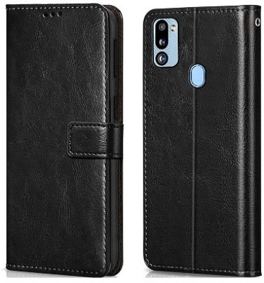 AKSP Flip Cover for Samsung Galaxy M30S Genuine Leather Finish & Designer Button(Black, Dual Protection, Pack of: 1)