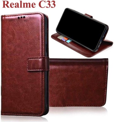 Openbuy Flip Cover for Realme C33, Realme C33 2023(Brown, Magnetic Case, Pack of: 1)