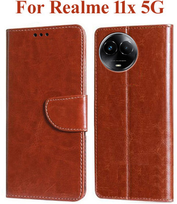 Wristlet Flip Cover for Realme 11x 5G, Realme Narzo 60x 5G(Brown, Dual Protection, Pack of: 1)