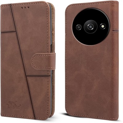 SnapStar Flip Cover for Redmi A3 2024(Premium Leather Material | Built-in Stand | Card Slots and Wallet)(Brown, Dual Protection, Pack of: 1)
